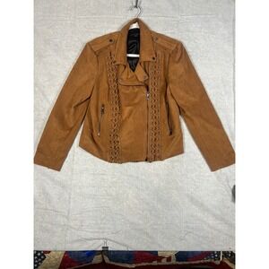 Boston Proper Brown Suede Faux Leather Moto Jacket Lace Up Studded Women's XL